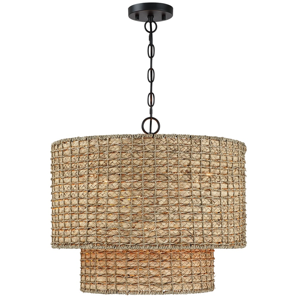 4-Light Natural Rattan Traditional Drum Pendant Light Black Canopy - Black/earthy - 20 in. W
