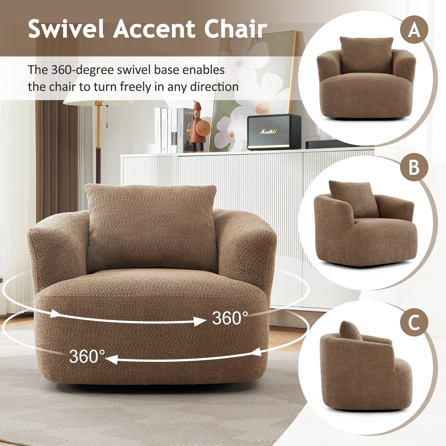 360° Swivel Chair, 38.2 Boucle Accent Chair with Throw Pillow, Upholstered Barrel Sofa Chair with Curved Armrests