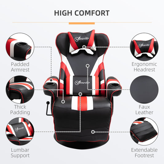 360° Swivel Racing Style Gaming Recliner Chair with Lumbar Support, Footrest and Dual Cup Holders for Game Room