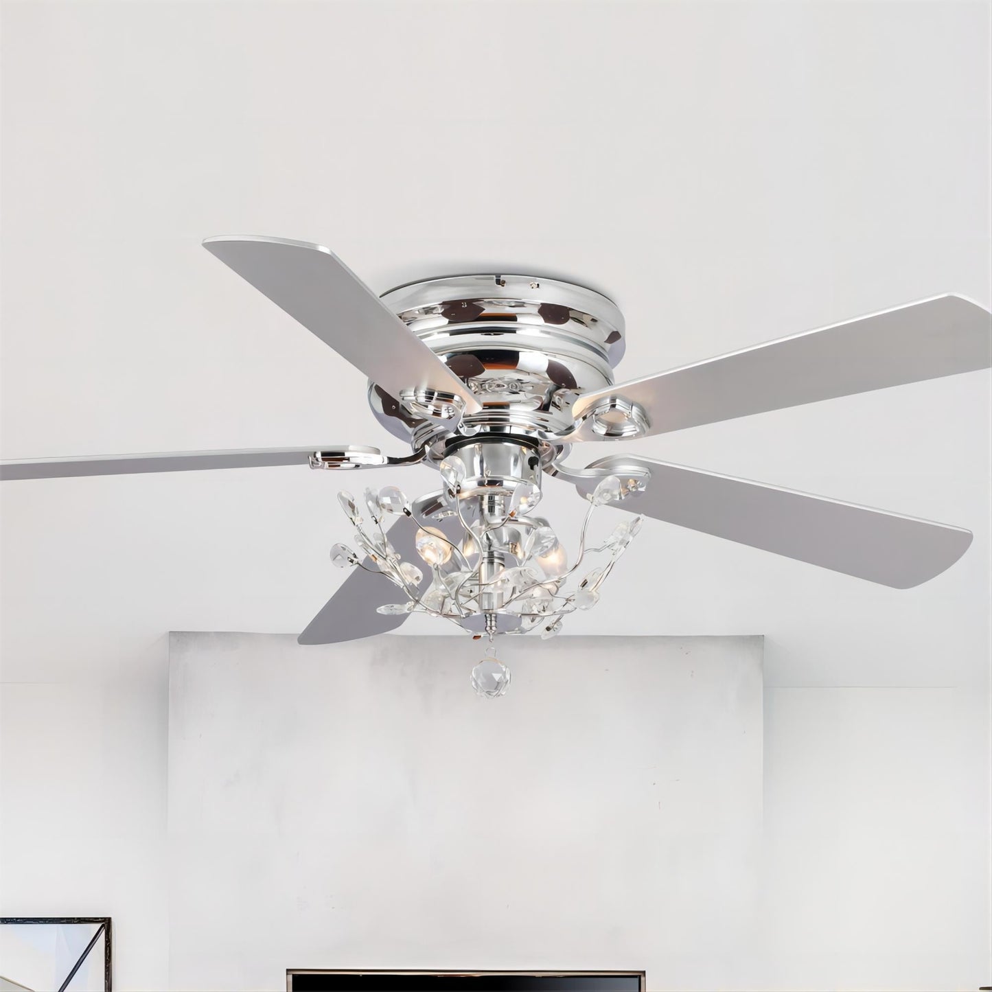 48 Modern Reversible 5-Blade Crystal Flush Mount Ceiling Fan with Remote