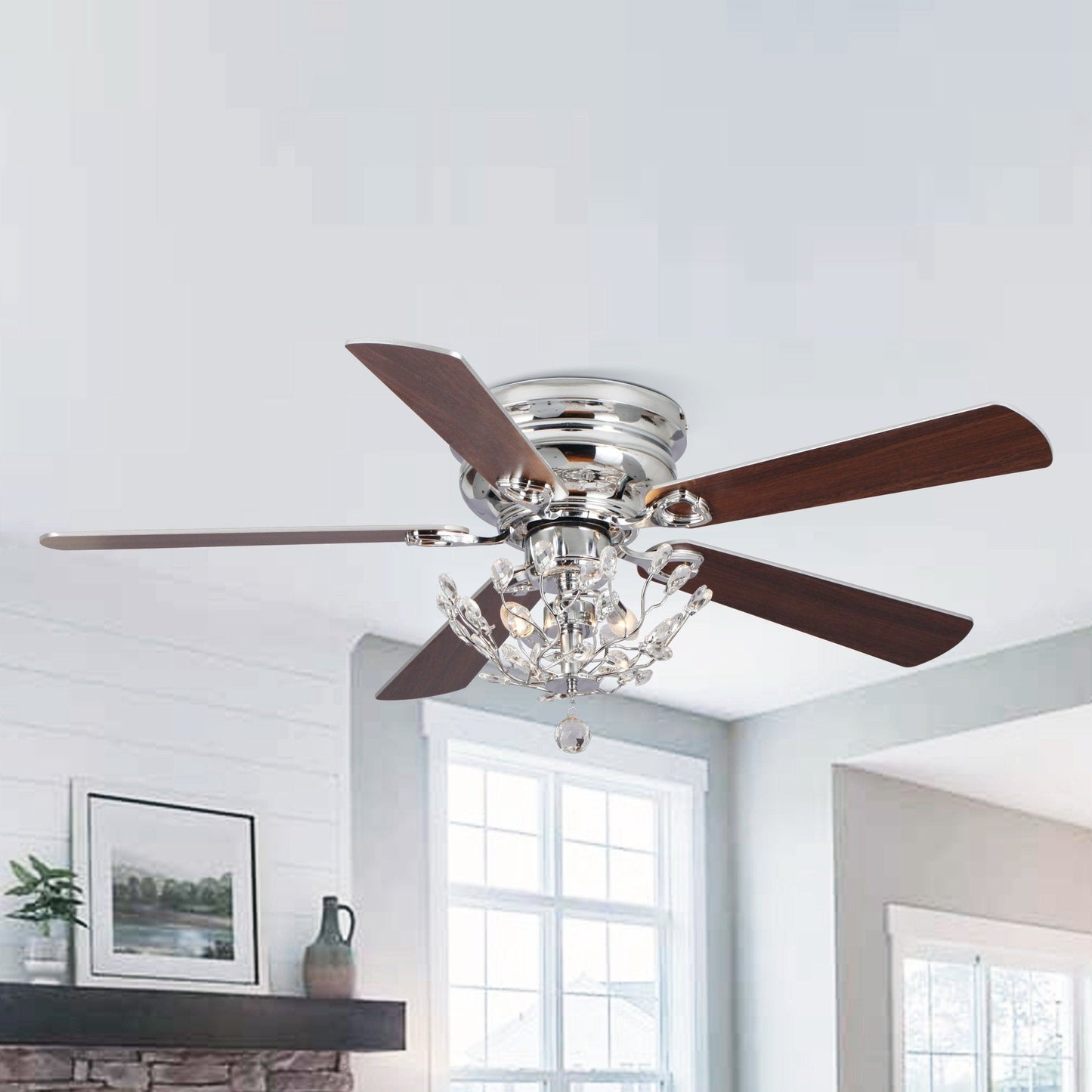 48 Modern Reversible 5-Blade Crystal Flush Mount Ceiling Fan with Remote