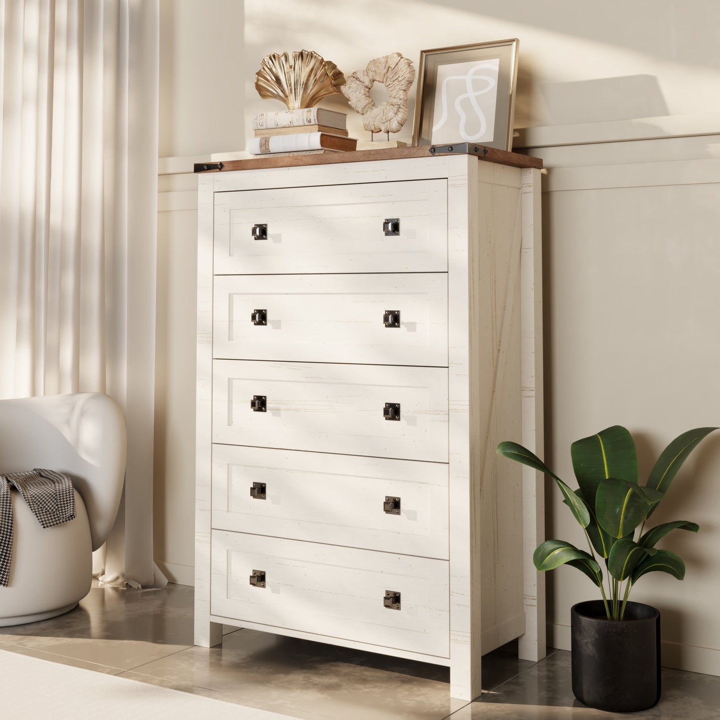 48 Tall Farmhouse 5 Drawer Wood Dresser, Chest of Drawers for Bedroom