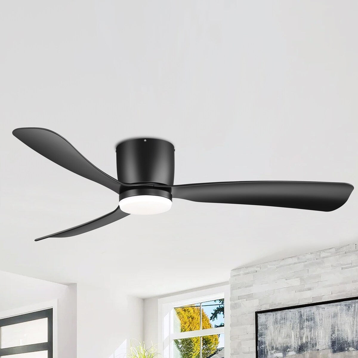 52 Inch Black/White Flush Mount LED Ceiling Fan with Lights Remote(3-Blade)