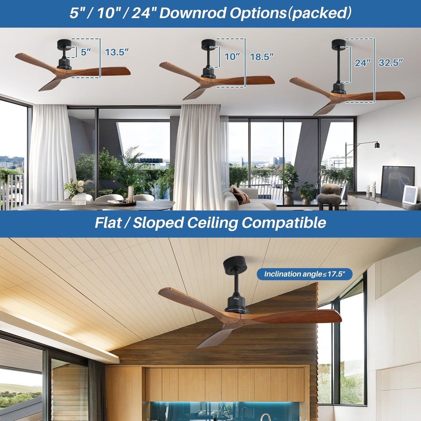 52 inch Modern Solid Wood / ABS Ceiling Fan With Remote Control(No Light),6 WInd Speed,Reversible Airflow