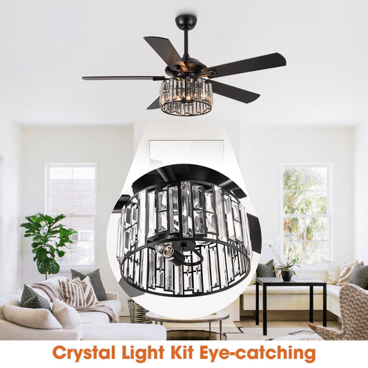 52 Black Wood Modern Crystal Indoor Ceiling Fan Chandelier with Remote