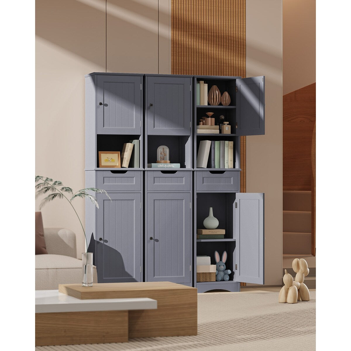 67'' Tall Bathroom Narrow Linen Cabinet, 5 Tiers Solid Wood Freestanding Storage Cabinet