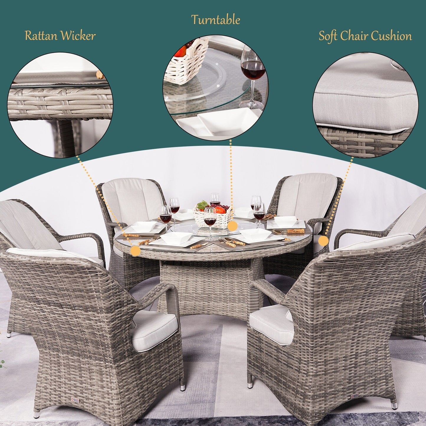 7 Pieces Outdoor Rattan Wicker Patio Round Dining Set with Cushions by Moda Furnishings