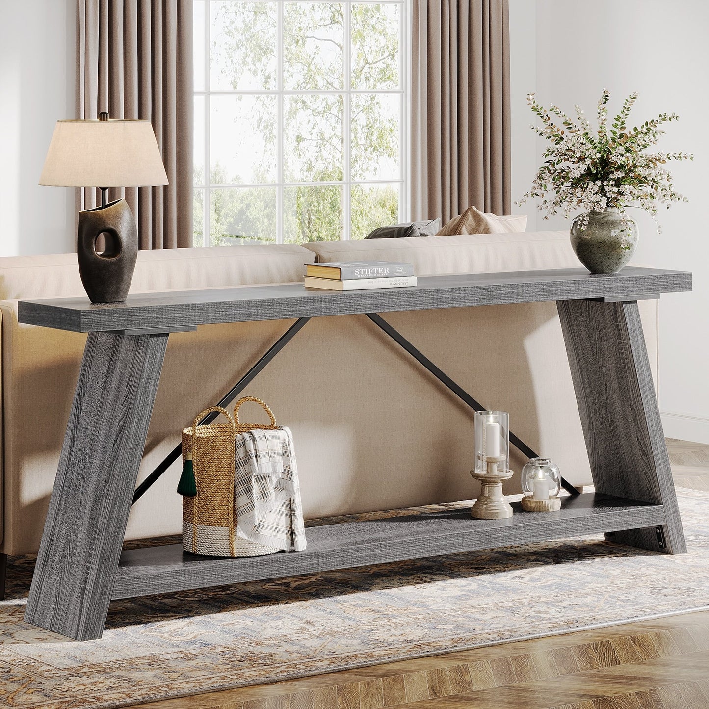 70.9 Inches Long Rustic Wood Console Sofa Table with Storage Shelf