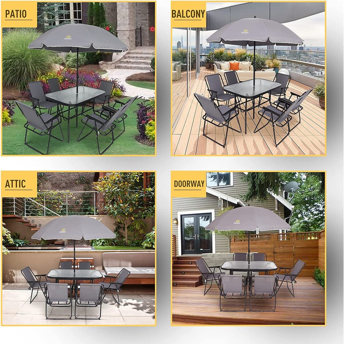8-Piece Patio Dining Set, Garden Outdoor Table Set with Removable Umbrella, Glass Table, and 6 Folding Chairs