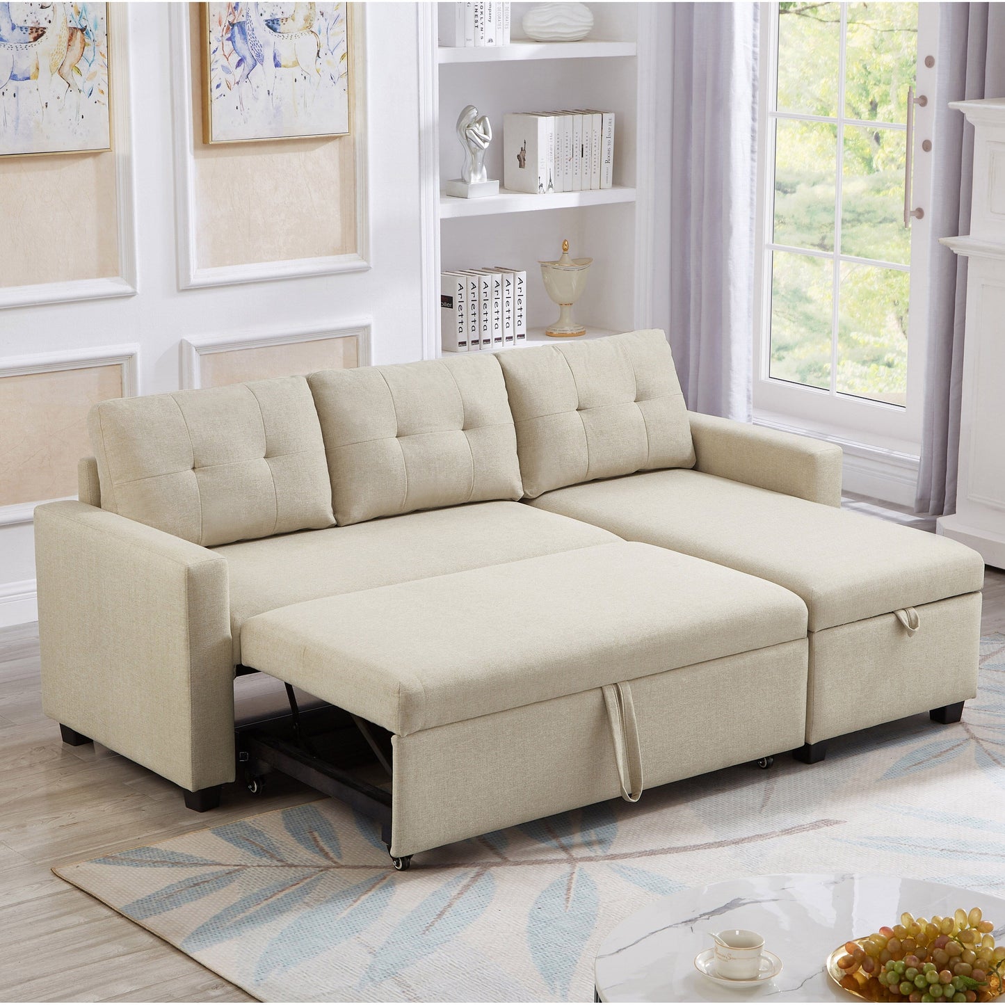 81.5'' Upholstered Convertible 3 Seater Sleeper Sofa with Pull-Out Bed, Reversible Storage Chaise, and Back Cushions