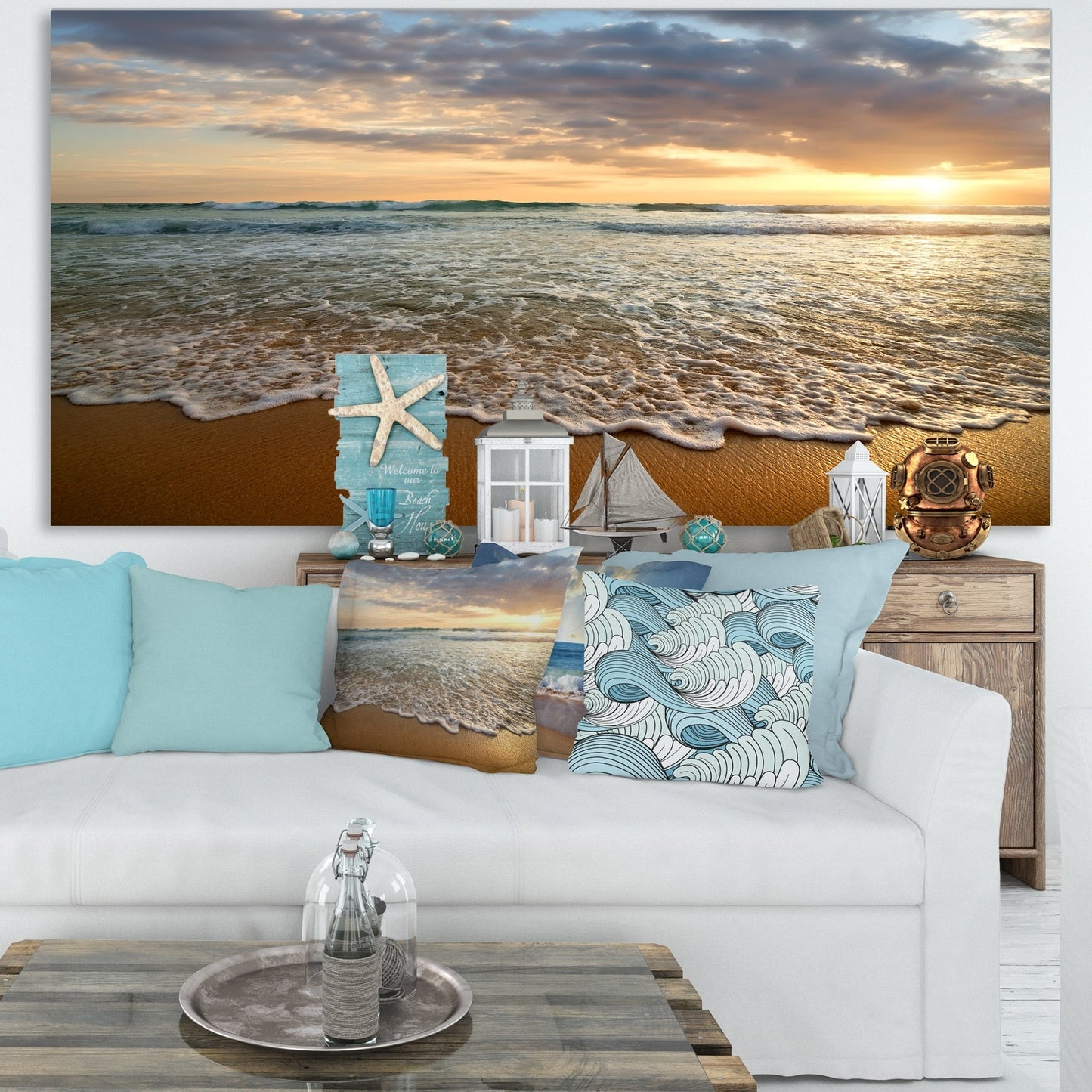 Bright Cloudy Sunset in Calm Ocean - Contemporary Seascape Art Canvas