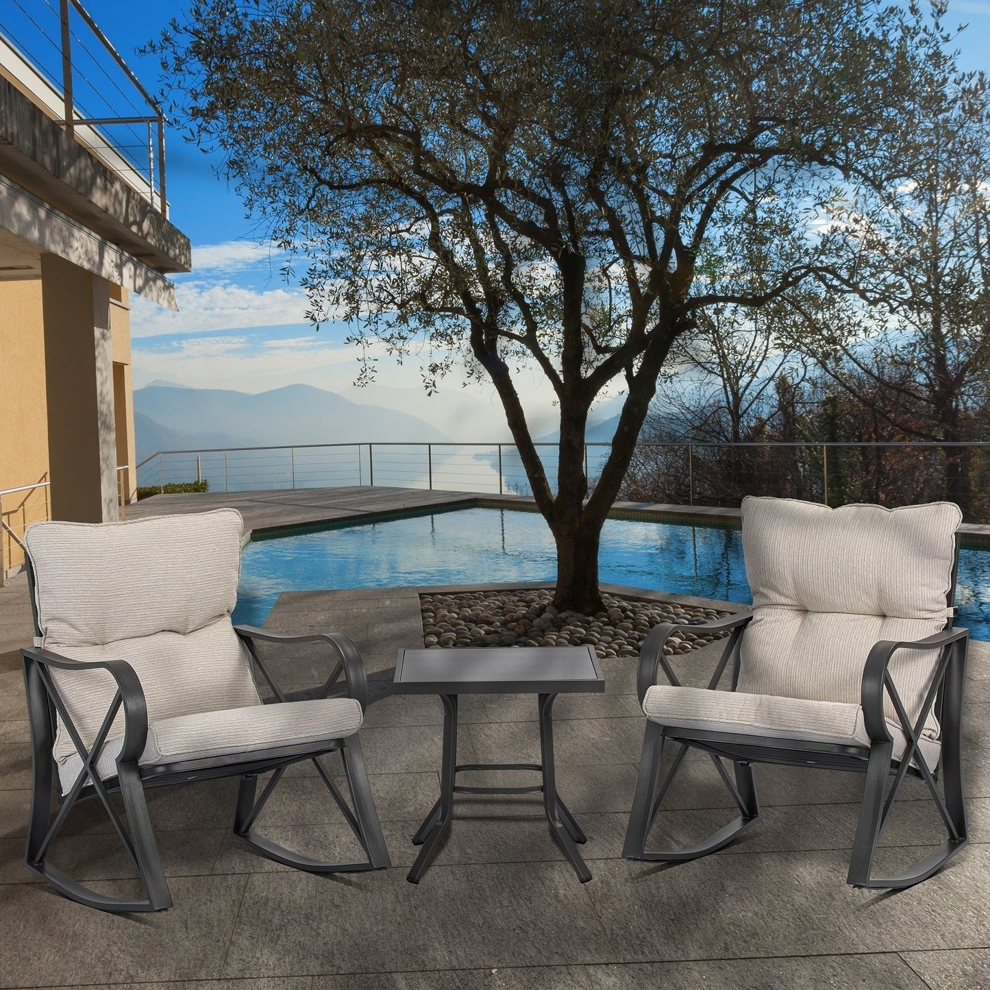 COSIEST 3-piece Outdoor Rocking Chair Chat Set with Side Table