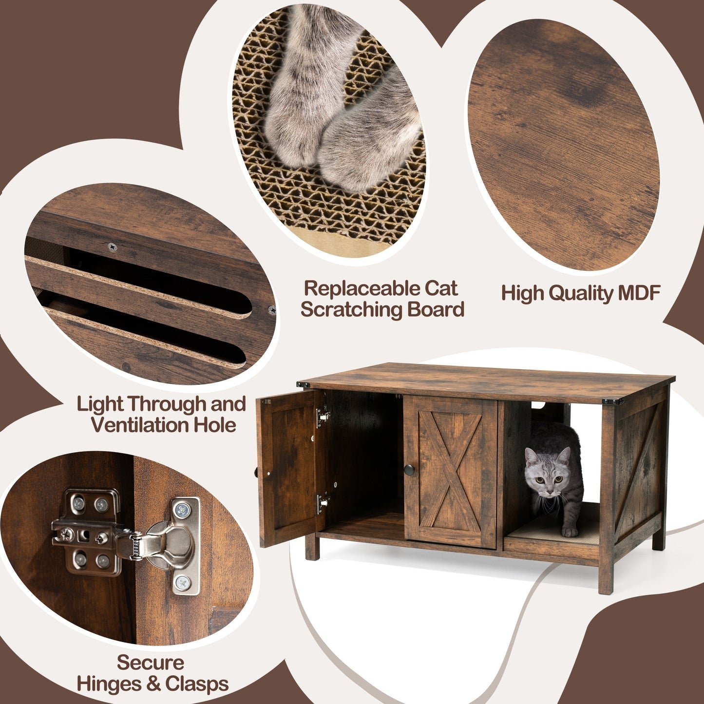 Cat Litter Box Enclosure, Hidden Wood Cat Washroom Furniture with Scratching Post