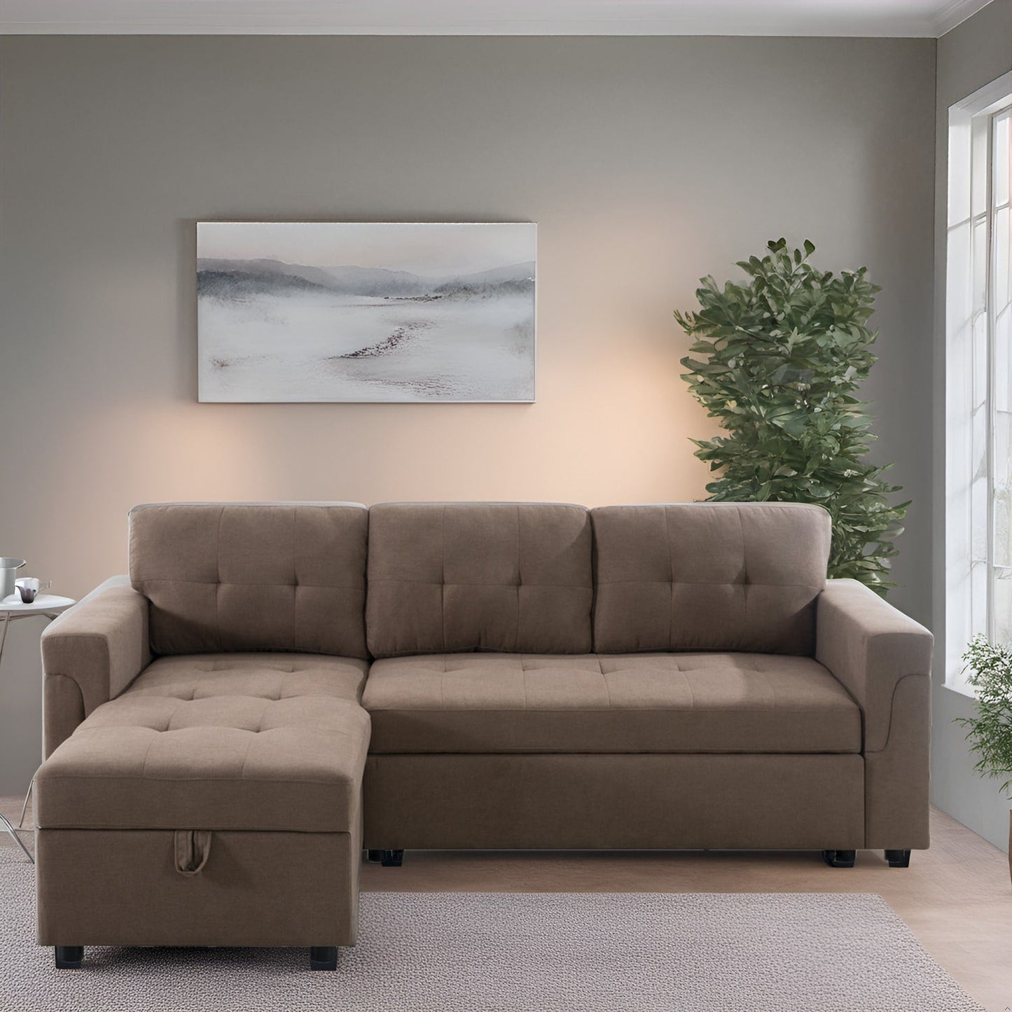 Convertible Reversible Sectional Sofa with Pull-Out Sleeper Bed, Hidden Storage Chaise, and Durable Legs