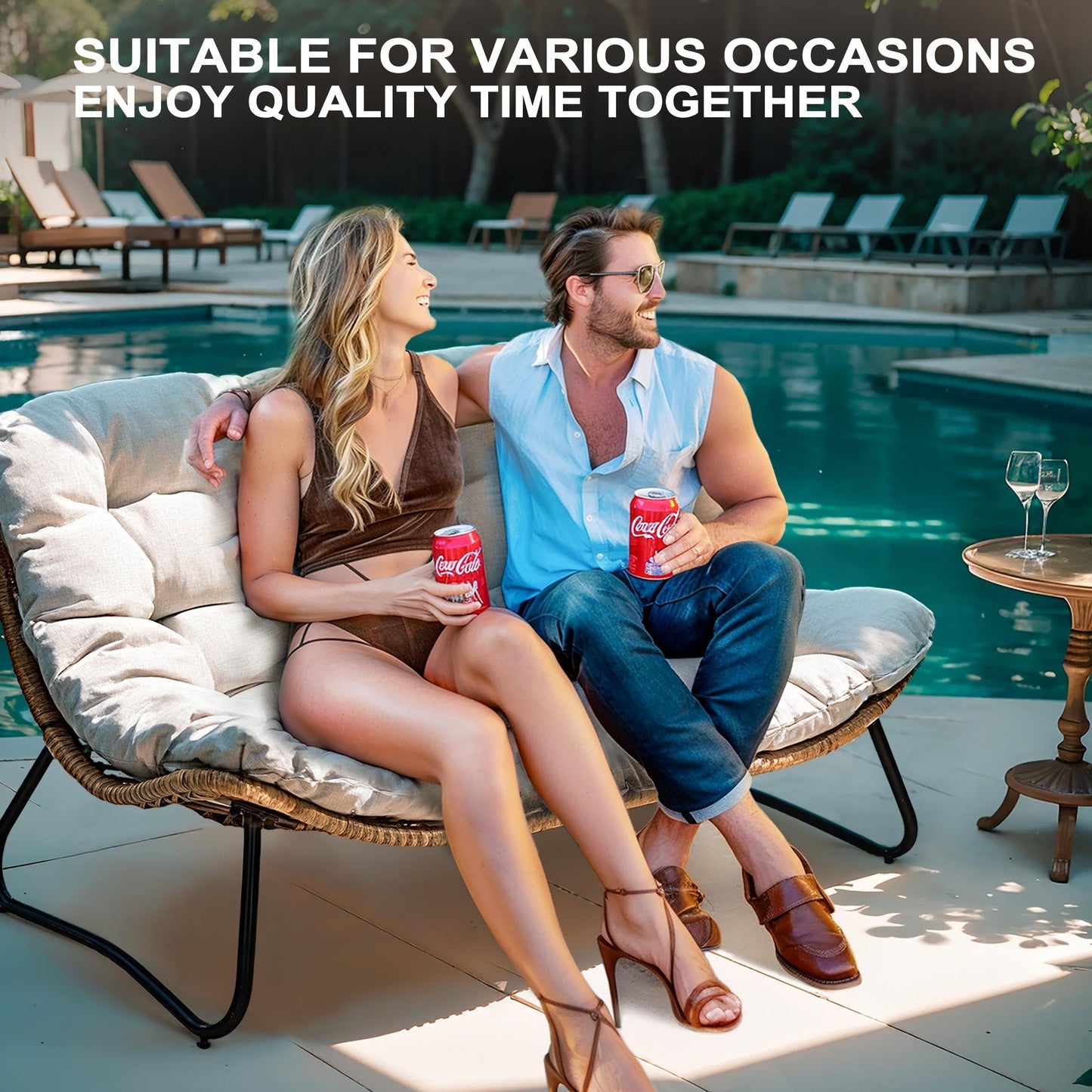 Double Papasan Chair Loveseat with Cushion, All-weather PE Rattan and Metal Frame for Indoor Outdoor