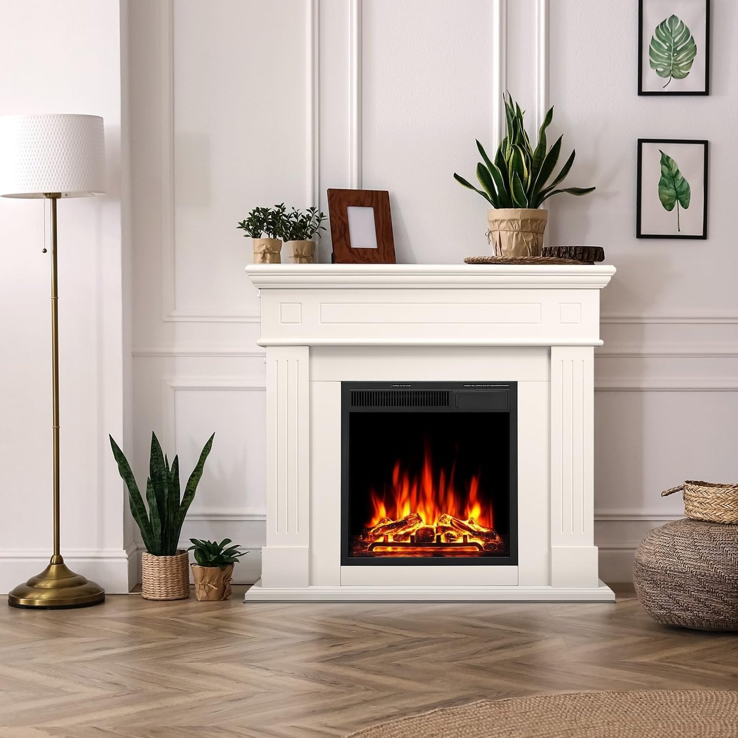 Electric Fireplace Mantel Wooden Surround Firebox, Remote Control