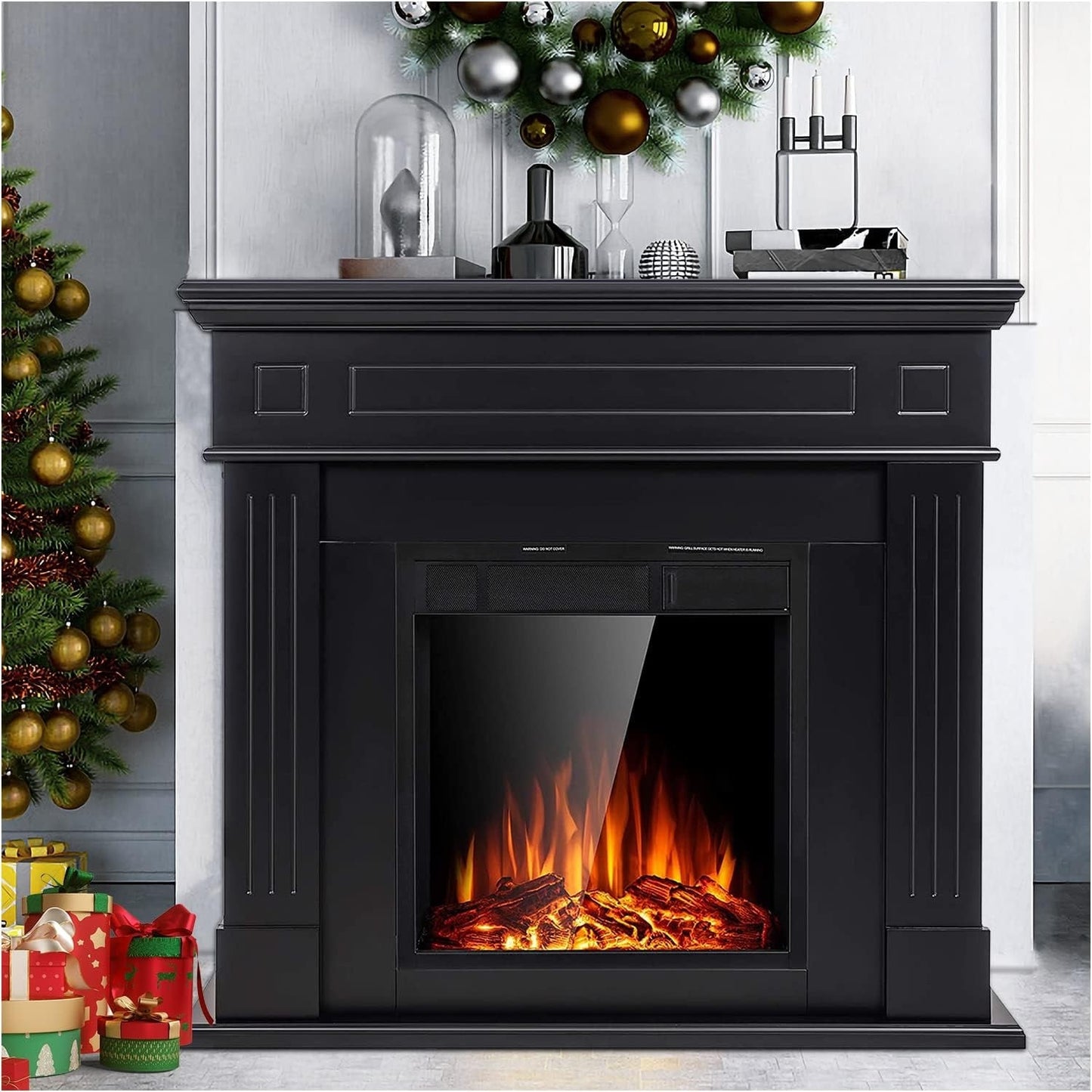 Electric Fireplace Mantel Wooden Surround Firebox, Remote Control