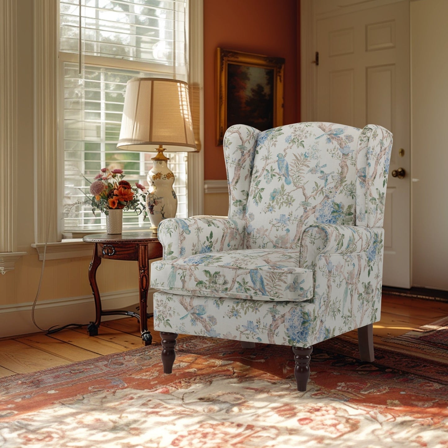 Erommy Modern Accent Chair, High Back Armchair, Upholstered Fabric Button Single Sofa with Wooden Legs for Living Room