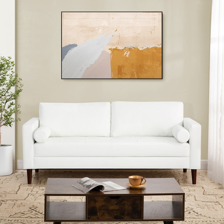 Modern Genuine Leather Sofa with Wooden Legs & Additional Bolster Pillow