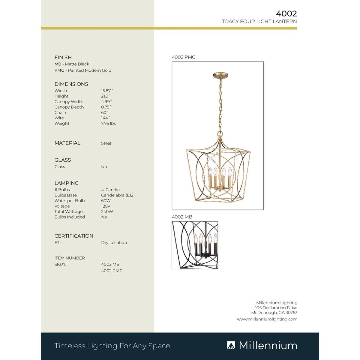 Millennium Lighting Tracy 4 Light Pendant Fixture in Multiple Finishes