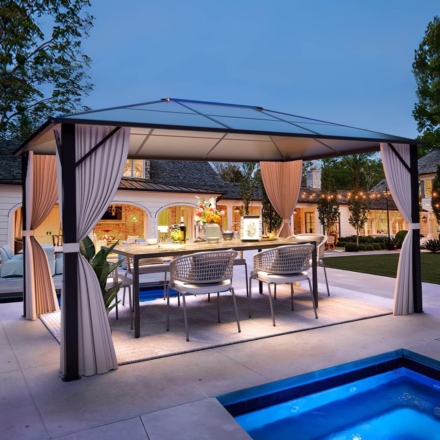 EROMMY Hardtop Gazebo,Outdoor Pergola with Double Roof & Netting & Curtains,Heavy Duty Canopy for Patio, Backyard, Pool party