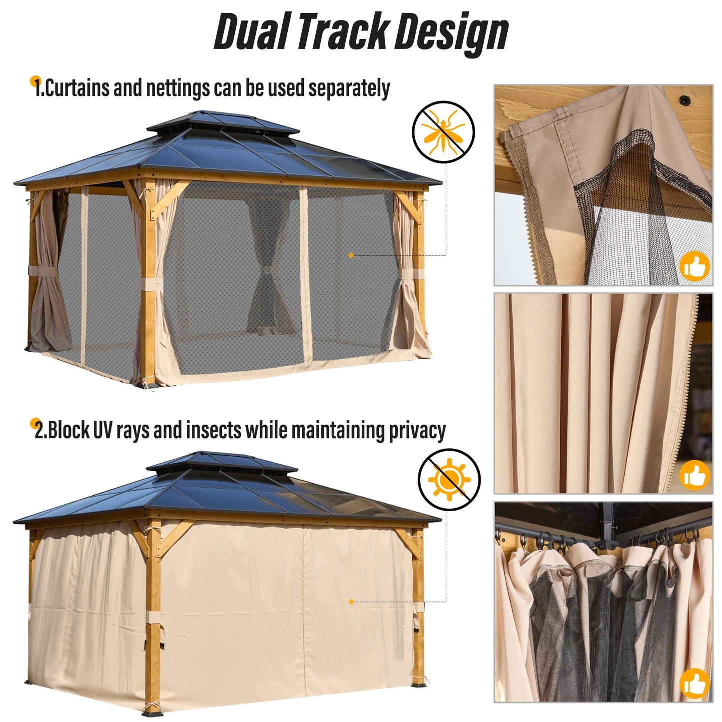 EROMMY Hardtop Gazebo,Outdoor Pergola with Double Roof & Netting & Curtains,Heavy Duty Canopy for Patio, Backyard, Pool party