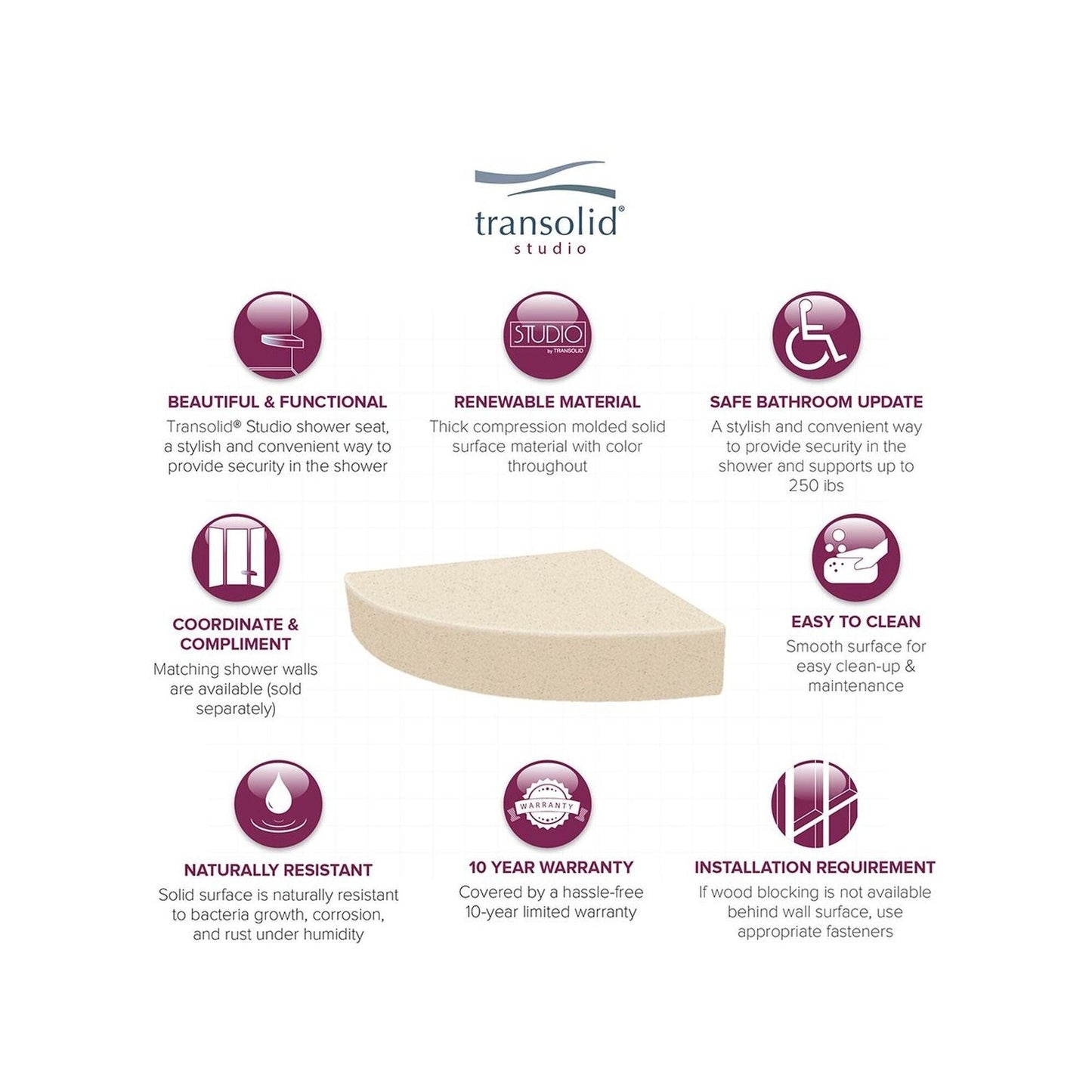 Transolid Studio 14-In X 14-In Solid Surface Wall-Mount Corner Shower Seat - 14.5 x 14.25 x 3