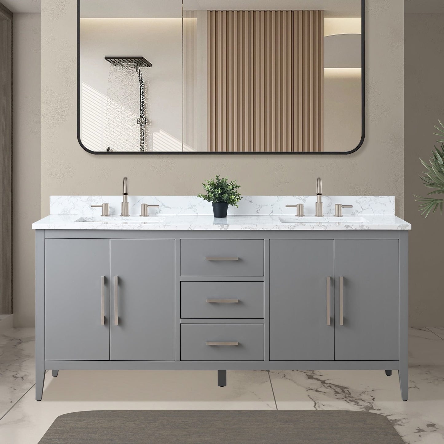 Vanity Art 72 Double Sink Bathroom Vanity Cabinet with Engineered Marble Top