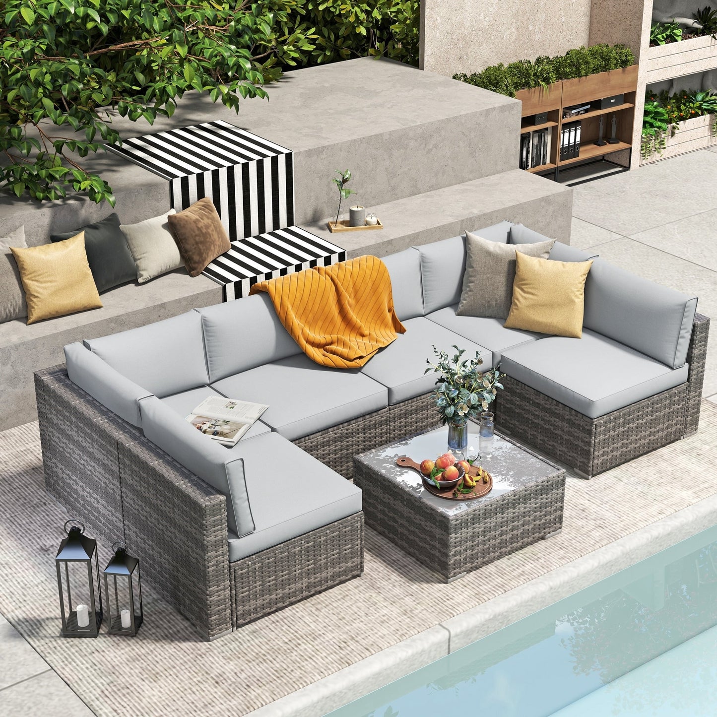 Wicker/ Steel 7-piece Outdoor Cushioned Sectional Sofa Set