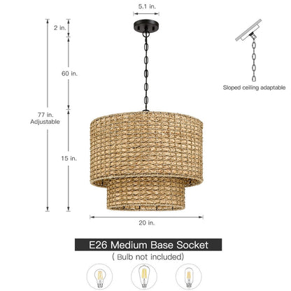 4-Light Natural Rattan Traditional Drum Pendant Light Black Canopy - Black/earthy - 20 in. W