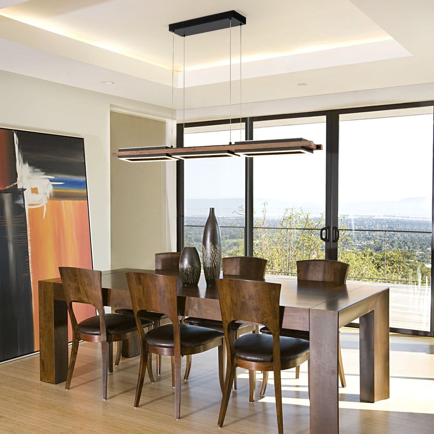 3/5-Light Integrated LED Linear Wood Chandelier Kitchen Island Pendant Light