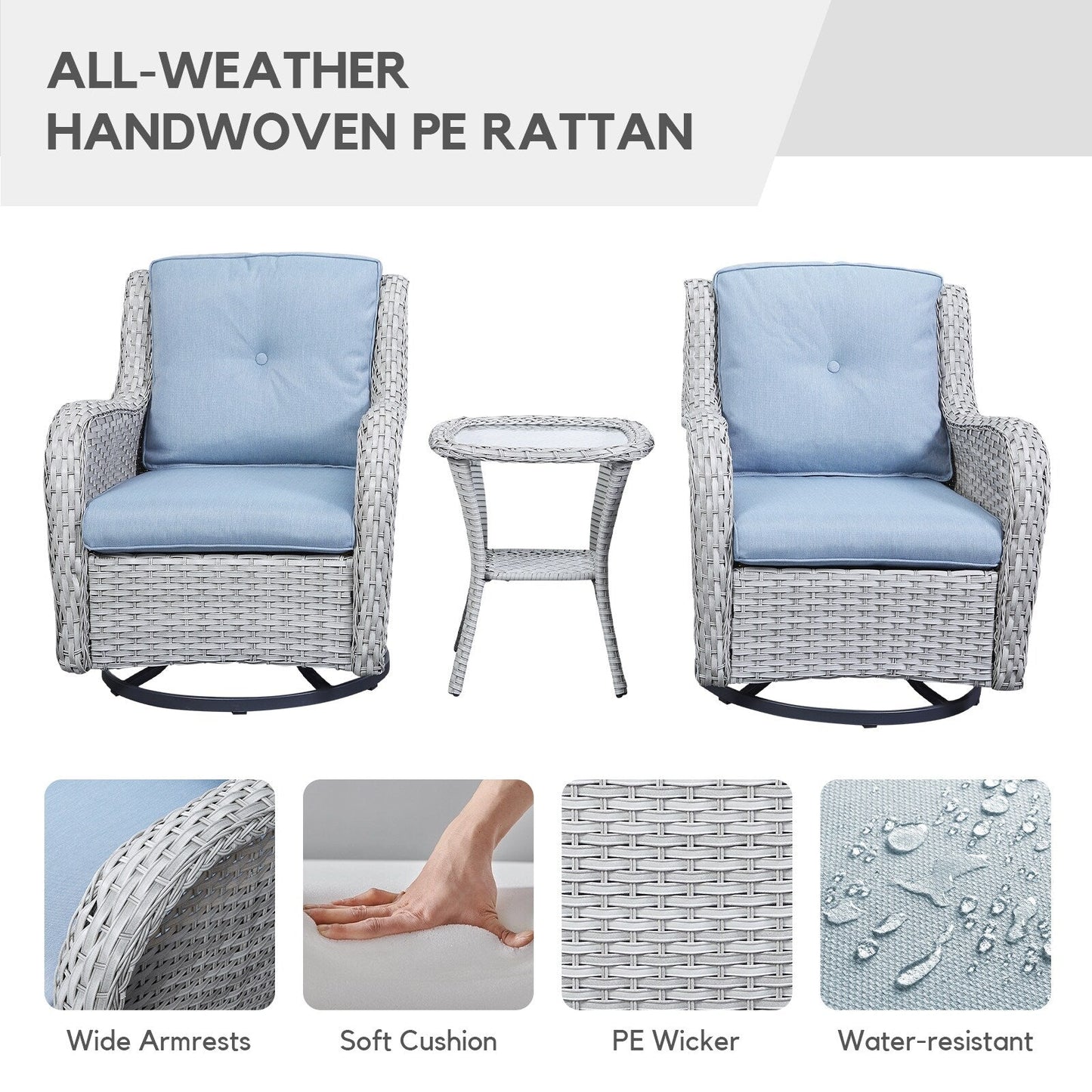 Gymojoy 3 Piece Outdoor Wicker Swivel Rocker with Cushion & Table