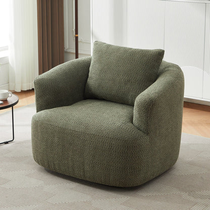 360° Swivel Chair, 38.2 Boucle Accent Chair with Throw Pillow, Upholstered Barrel Sofa Chair with Curved Armrests