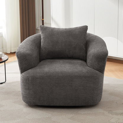 360° Swivel Chair, 38.2 Boucle Accent Chair with Throw Pillow, Upholstered Barrel Sofa Chair with Curved Armrests