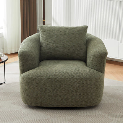 360° Swivel Chair, 38.2 Boucle Accent Chair with Throw Pillow, Upholstered Barrel Sofa Chair with Curved Armrests