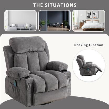 360° Swivel Recliner Chair with Massage, Heat, USB, and Cup Holders