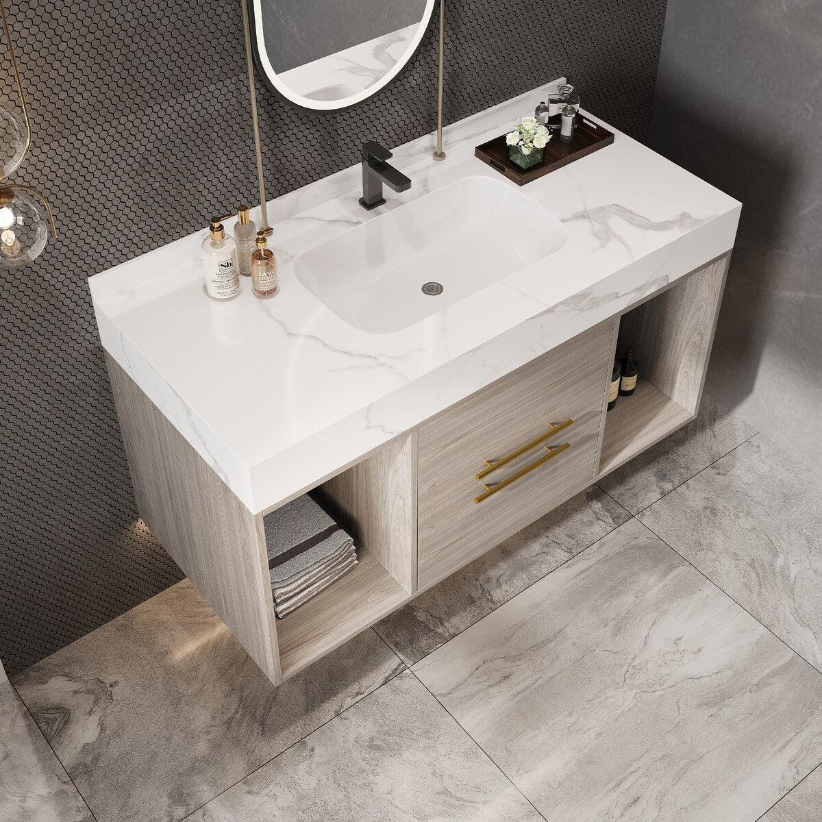 39.4 '' Floating Bathroom Vanity with Ceramic sink,Wall Hung Vanity 2 Soft Close Drawer and white slate top - 39'4 x 18'9