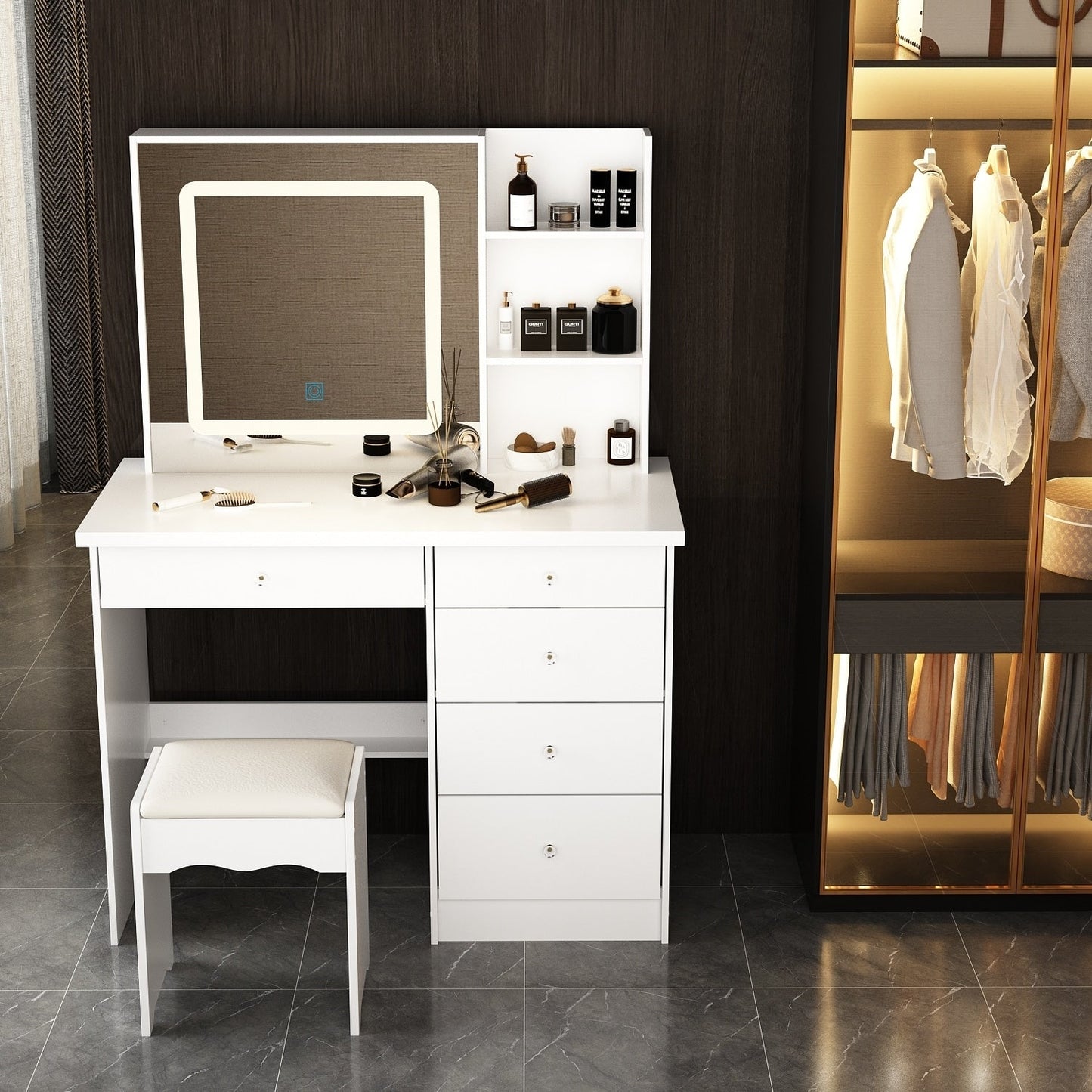 39.4'' W Dresser Makeup Vanity Set with Stool and Mirror Room