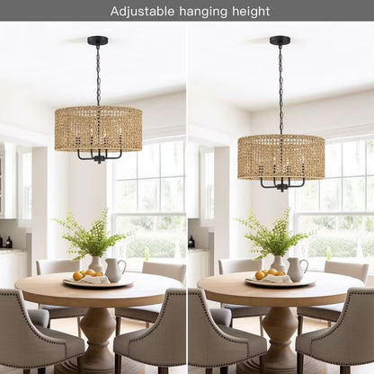 4-Light Bohemian Hand Woven Drum Chandelier - Straw - 20 in. W