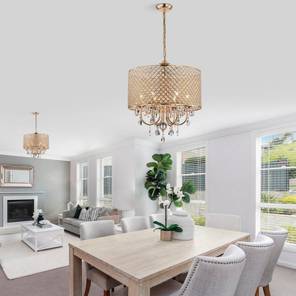 Round Beaded Drum Chandelier with Hanging Crystals