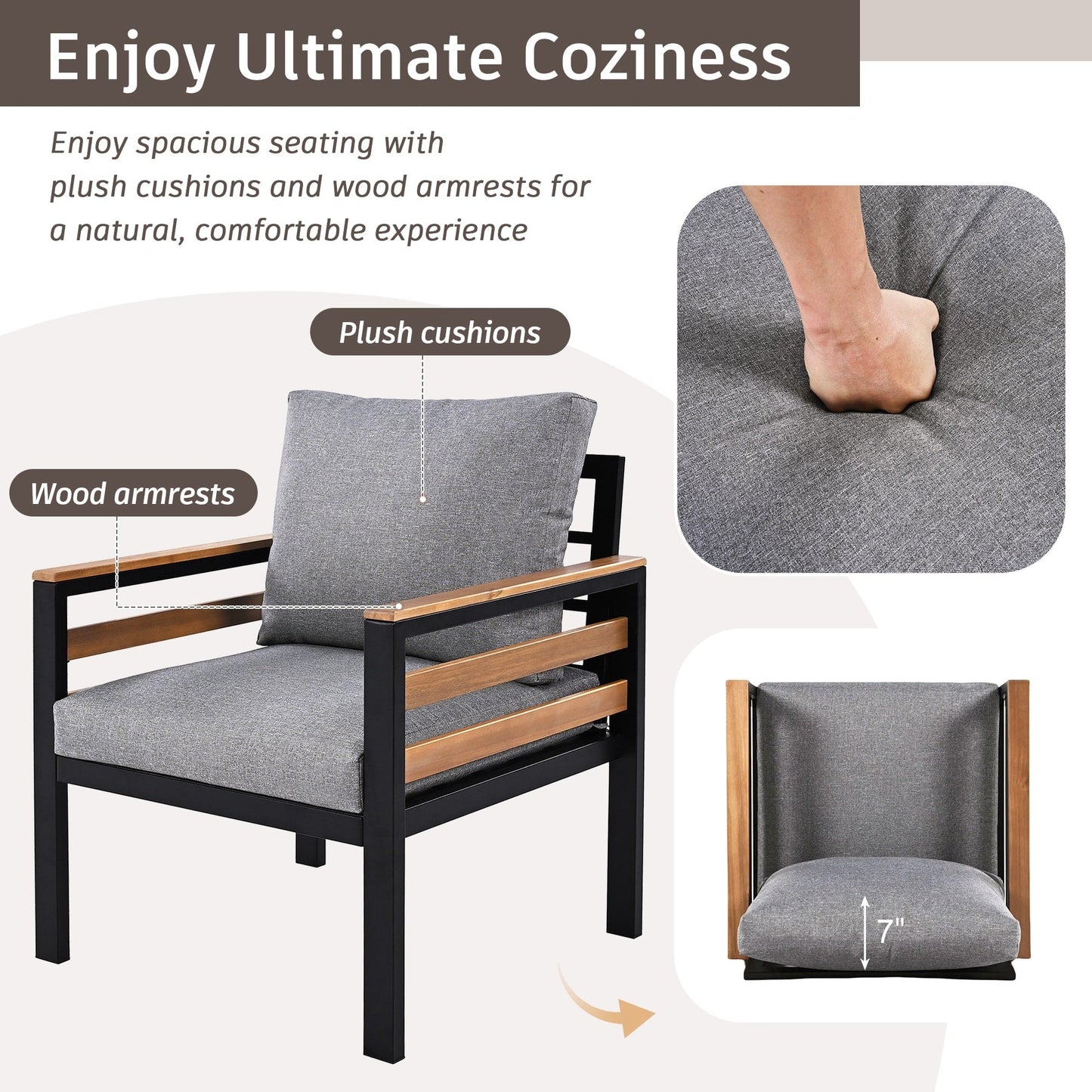 4-Piece Outdoor Sofa Set for 5 People with Removable Cushion & Solid Wood Coffee Table