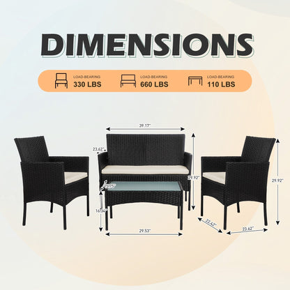 4 Piece Patio Conversation Wicker Furniture Set, Outdoor Rattan Sectional Furniture Set With Cushions