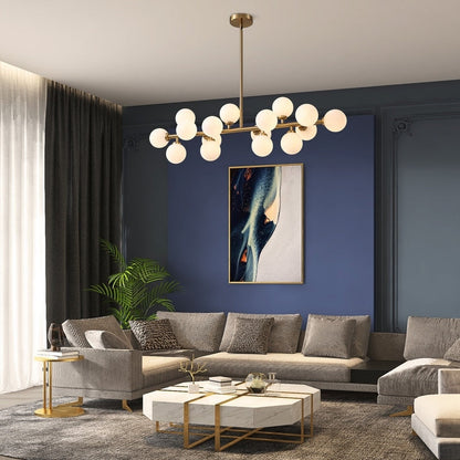 40 in. Linear Mid Century Modern Chandelier 16-Light Gold Brass Sputnik Pendant Light with Frosted Glass Globe for Dining Room