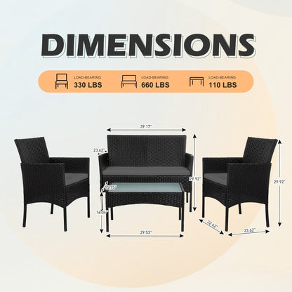 4 Piece Patio Conversation Wicker Furniture Set, Outdoor Rattan Sectional Furniture Set With Cushions