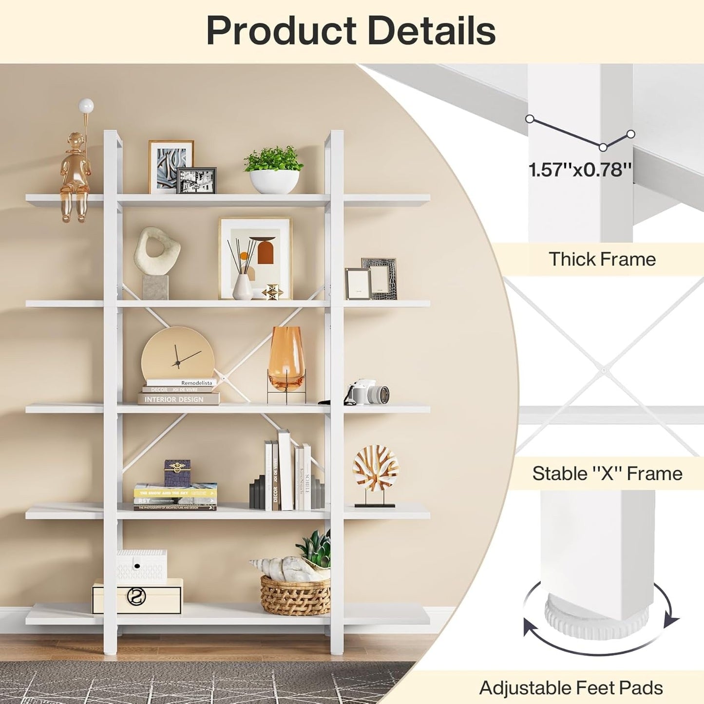 5-Tier Bookshelf, Vintage Industrial Style Bookcase