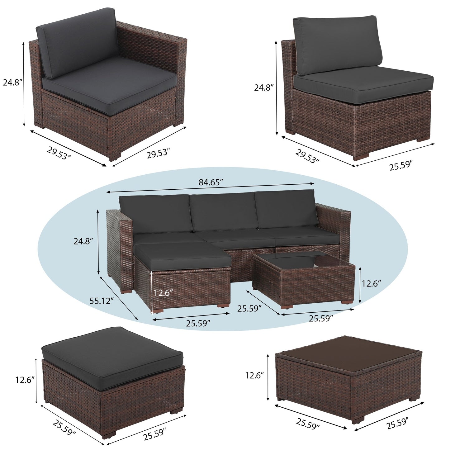 5-piece Outdoor Wicker Sectional Sofa Set with Cushions