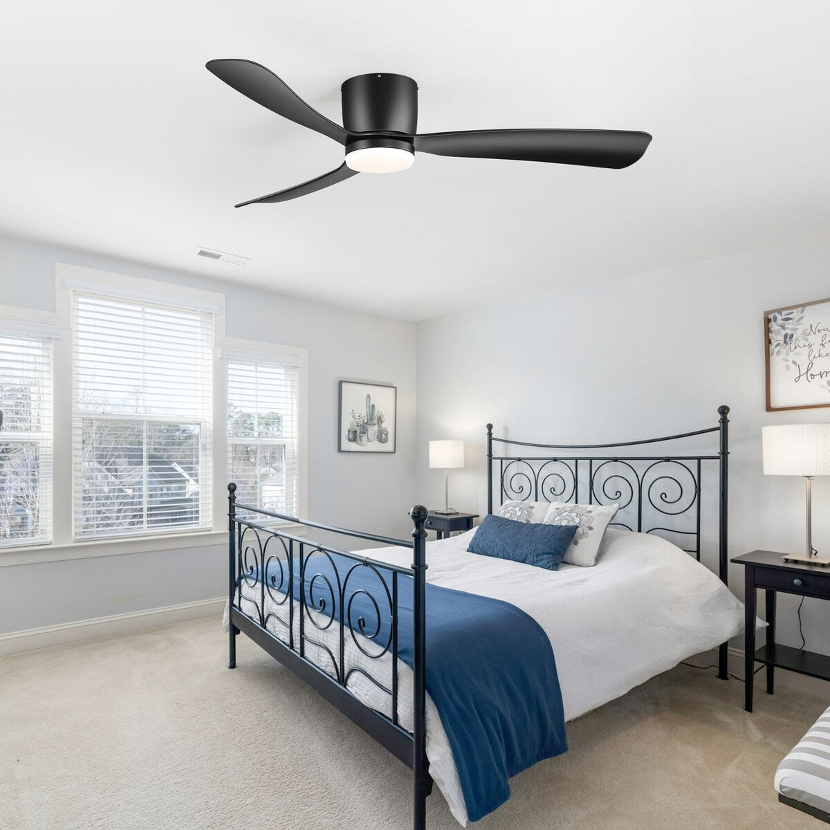 52 Inch Black/White Flush Mount LED Ceiling Fan with Lights Remote(3-Blade)