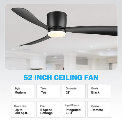 52 Inch Black/White Flush Mount LED Ceiling Fan with Lights Remote(3-Blade)