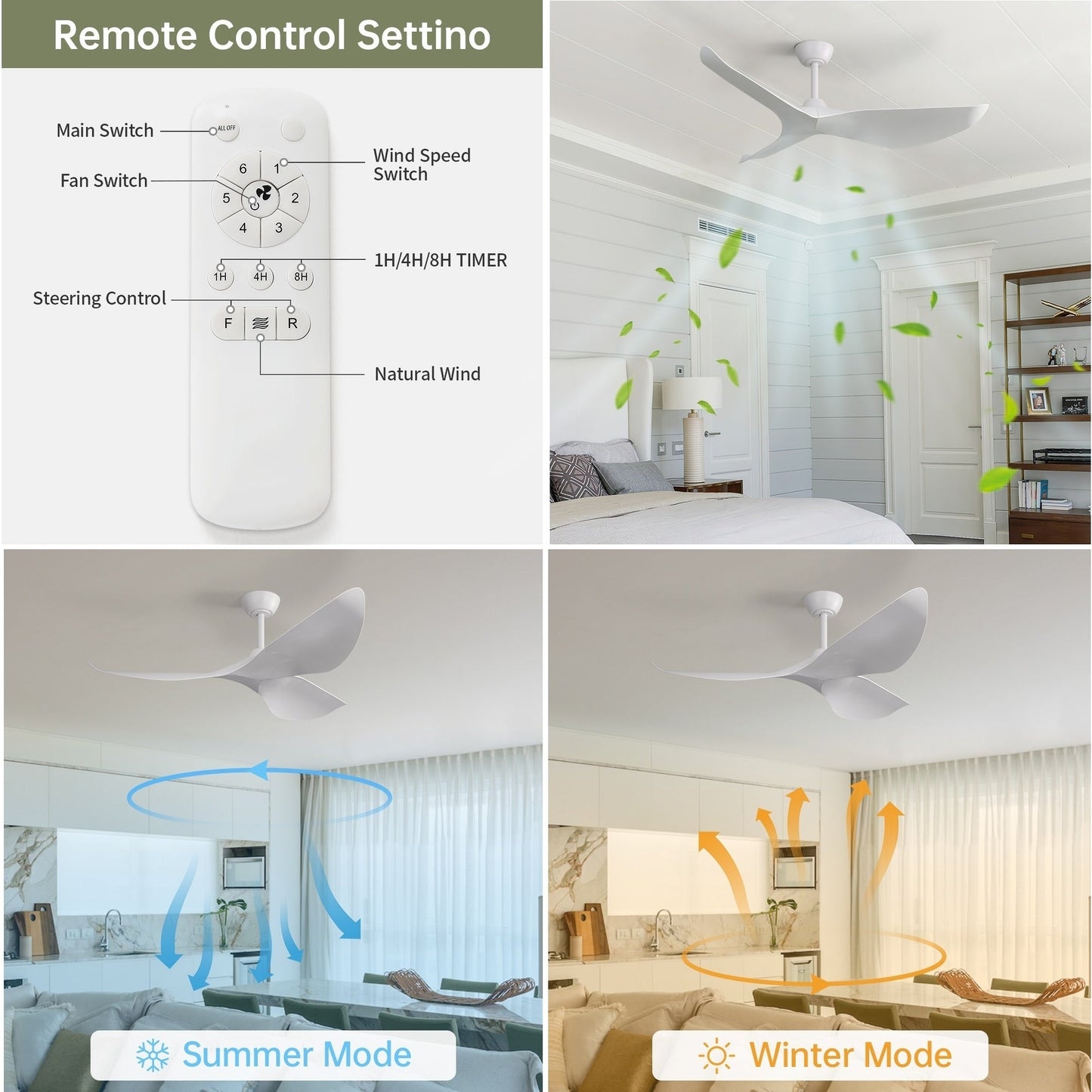 52 inch Modern Solid Wood / ABS Ceiling Fan With Remote Control(No Light),6 WInd Speed,Reversible Airflow