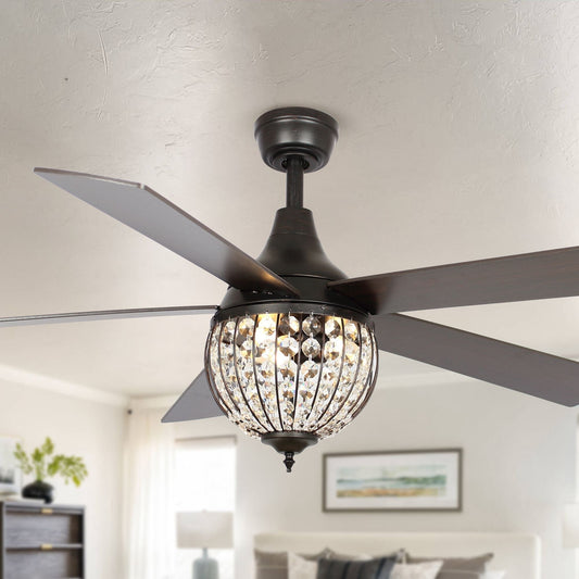 52 Industrial Black Wood 5-blade Crystal Ceiling Fan with Remote